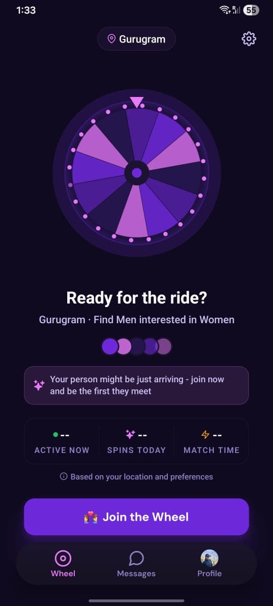 Carnival app home screen with a spin wheel, a Join the Wheel button and Wheel, Messages and Profile tabs